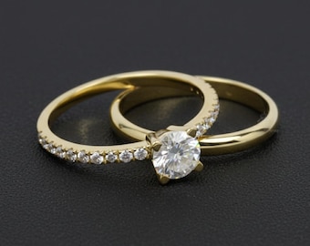 Round Cut Moissanite Bridal Set in 14K Gold Solitaire Engagement Ring with Pave Band and Matching Plain Gold Band Wedding Set for Her