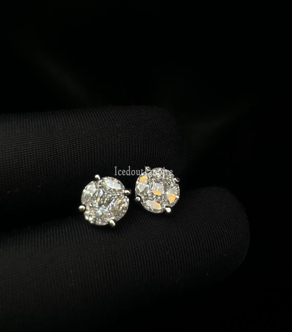 Moissanite Iced 14k Gold Plated Baguette Hip Hop Earrings Studs Passes Tester