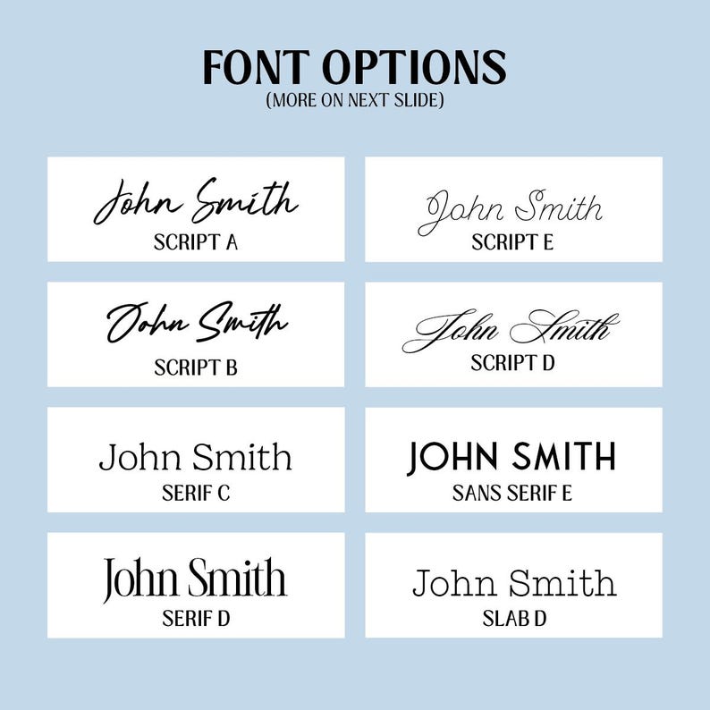 Puede incluir: Gr&aacute;fico azul claro con el texto "FONT OPTIONS" y ejemplos de diferentes estilos de fuente. Cada estilo de fuente muestra el nombre "John Smith" en varios estilos, incluyendo script, serif y sans serif.