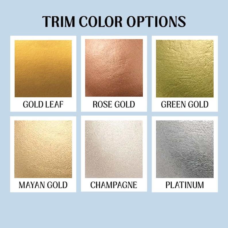 Puede incluir: Imagen que muestra seis opciones de color de borde: Gold Leaf, Rose Gold, Green Gold, Mayan Gold, Champagne y Platinum. Cada color se presenta en un cuadrado con su nombre debajo. El texto "TRIM COLOR OPTIONS" est&aacute; en la parte superior.