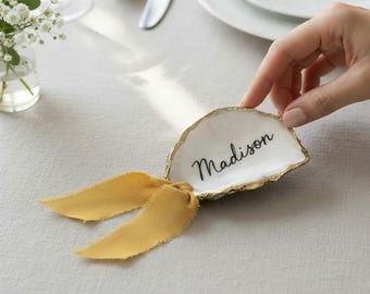 Ultimate Luxury Customizable Oyster Shell Name Place Card With Bag or Ribbon. Made Fast, Coastal Wedding Party Favor