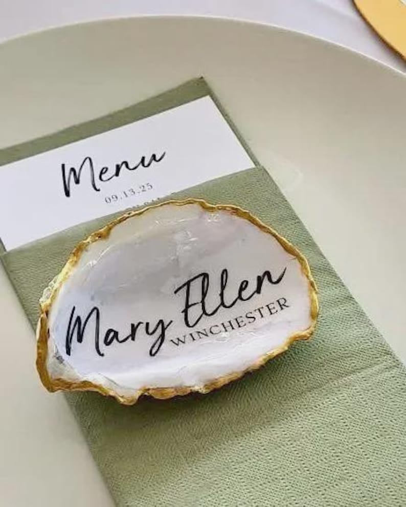 White & Gold Oyster Shell Place Cards (Custom 25 Pack): Made Fast, Coastal Wedding Favor, shell wedding, beach bachelorette gift ideas
