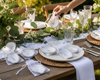 Luxury Customizable Oyster Shell Name Place Card With Bag or Ribbon. Made Fast, Coastal Wedding Party Favor
