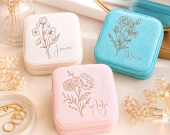 Schmuckkästchen Mädchen personalisiert mit Name und Geburtsblume, Reise Schmuckbox Tochter, Geschenk Konfirmation Kommunion Geburtstag Taufe