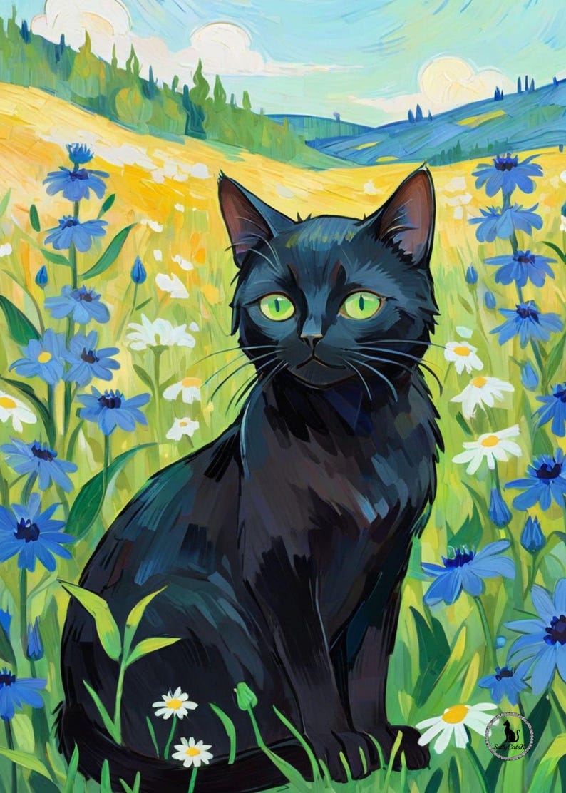 Peut inclure: Une peinture numérique représentant un chat noir aux yeux vert vif assis dans un champ de bleuets bleus et de marguerites blanches. L'arrière-plan montre des collines jaunes sous un ciel bleu clair nuageux. Un petit logo circulaire est visible.