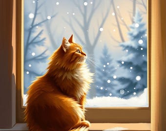 Winter Cat Art Print – Cozy Snow Scene, Golden Light (Digital Download)