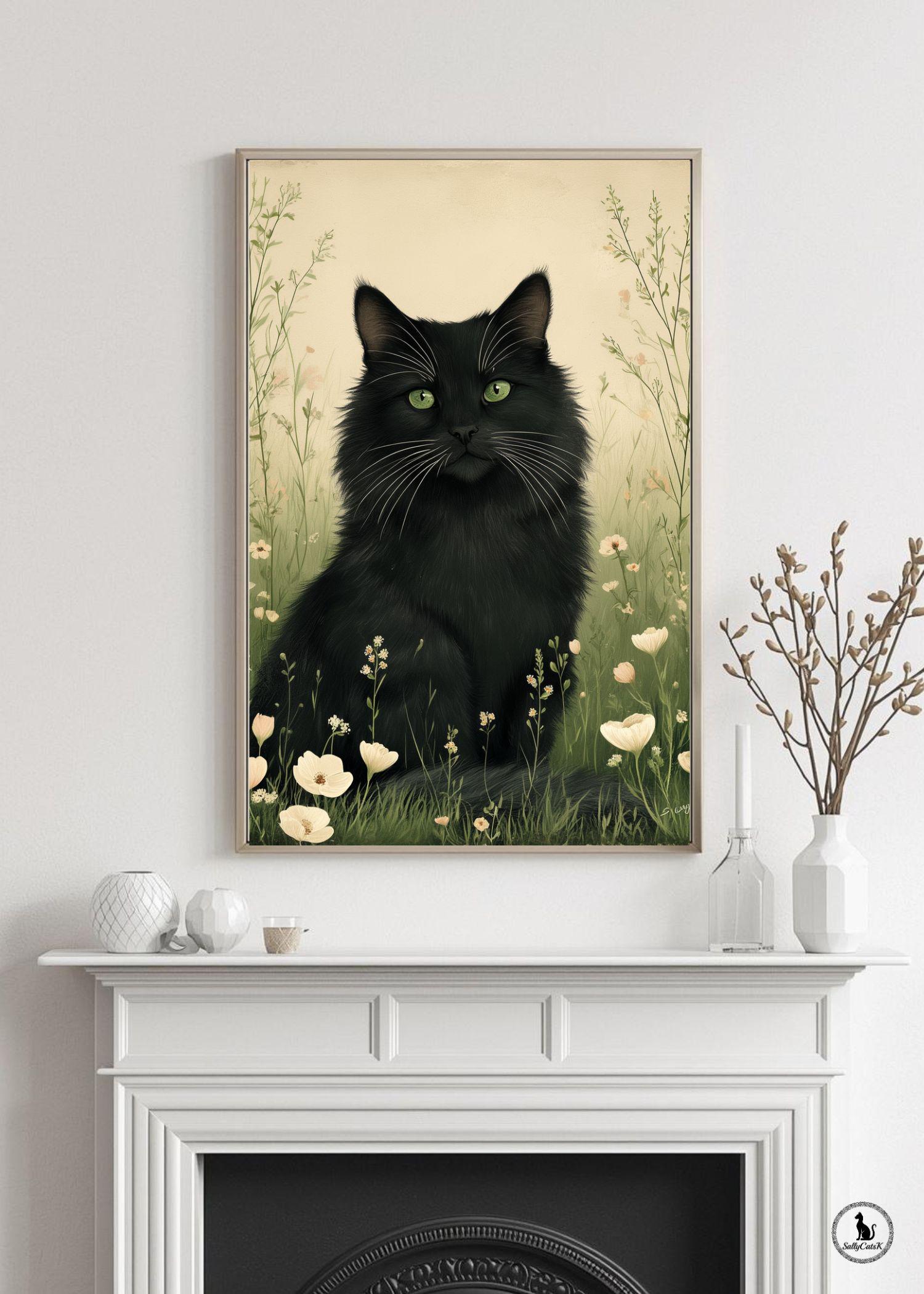 Vintage Black Cat Poster Printable | Botanical Cat Wall Art ...