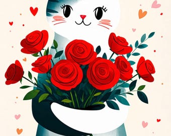 Carte chat fête des mères imprimable | Bouquet de roses, voeux d'amour (téléchargement numérique)