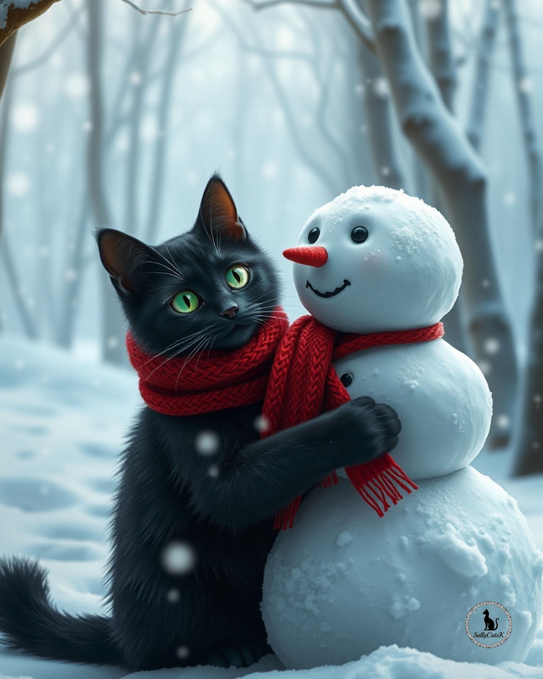 Snowman Cat Rabbit Winter Cat and Snowman Art Print | Cozy Christmas Decor (digital ...