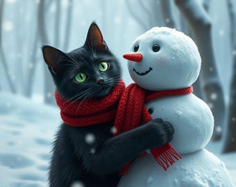 Winter Cat and Snowman Art Print | Cozy Christmas Decor (Digital Download)