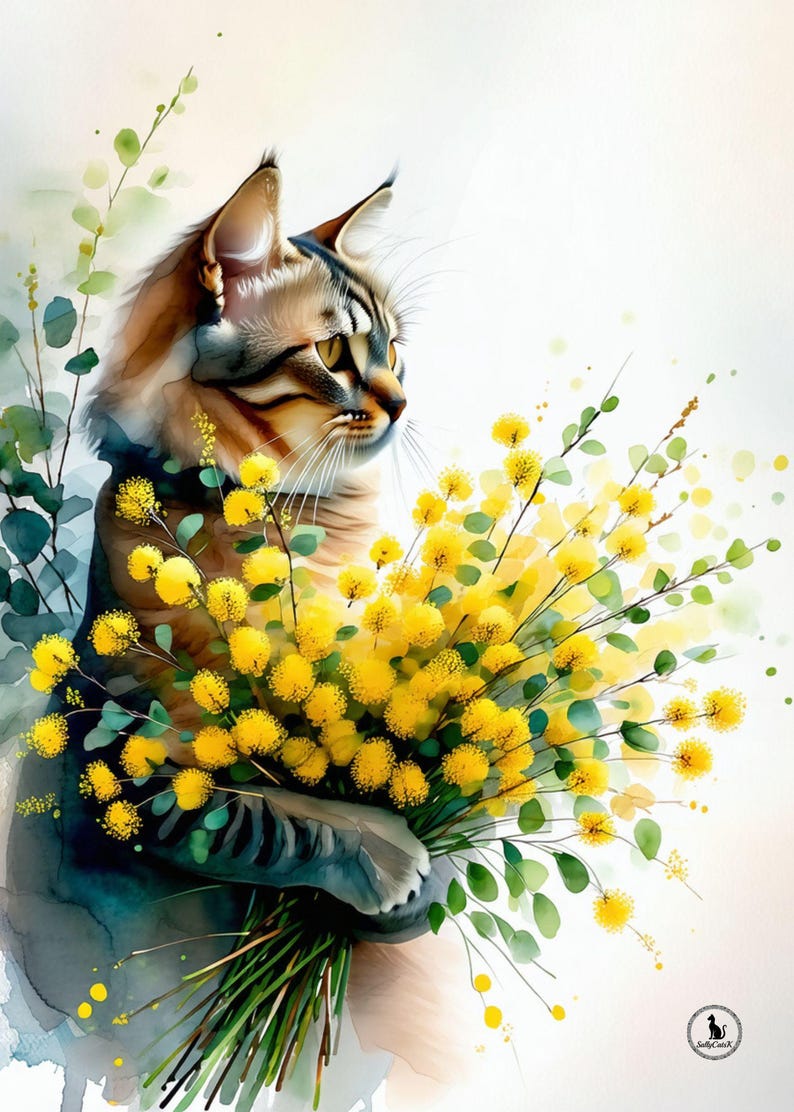Peut inclure: Peinture à l'aquarelle d'un chat tigré tenant un bouquet de fleurs jaunes et de feuilles vertes. Le chat est brun et beige avec des yeux jaunes. Le fond est blanc avec des accents verts et jaunes. L'œuvre a une qualité douce et onirique.