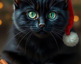 Black Cat Christmas Print | Santa Hat Winter Decor (Digital Download)