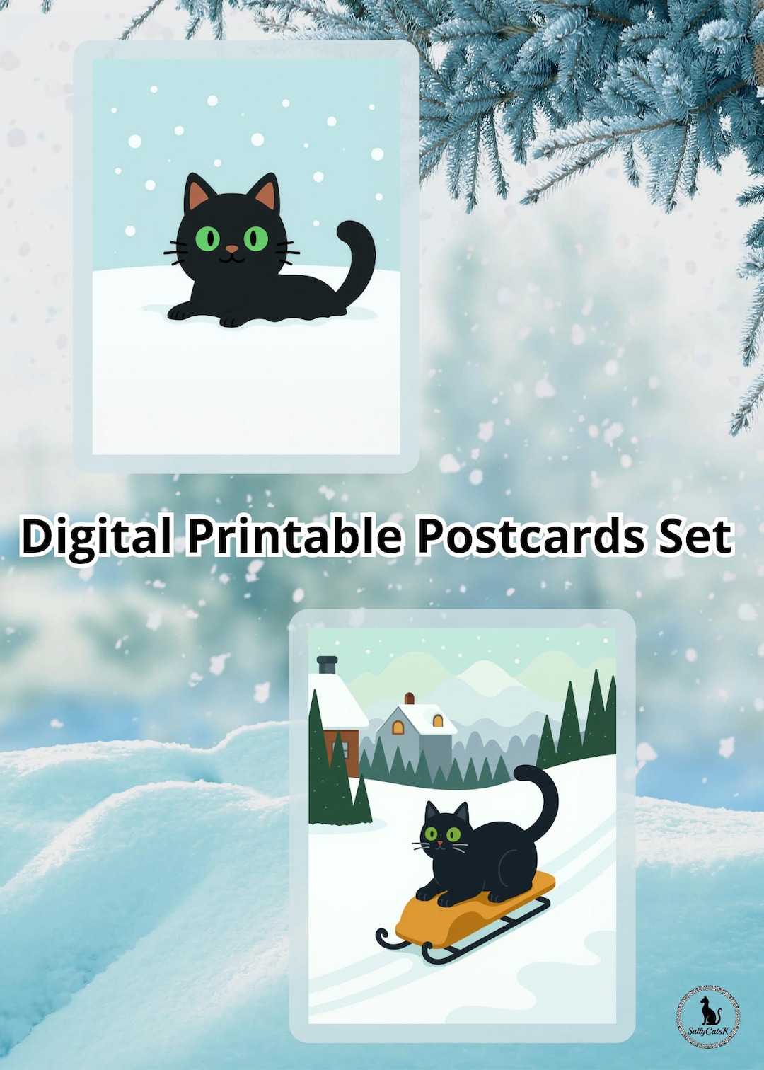 Black Cat Winter Printable Postcards Set | Cute Snow Cat Digital Cards ...