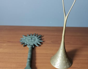 Vintage Brass Hand Bell & Sun Face Bottle Opener - Rustic Bar Decor Set