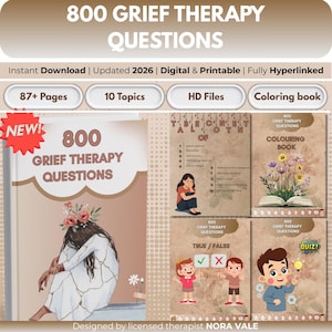 May include: Digital and printable grief therapy questions book with 87+ pages, 10 topics, and HD files. The cover features a woman with flowers and the text "800 Grief Therapy Questions". Includes a coloring book and true/false quiz.