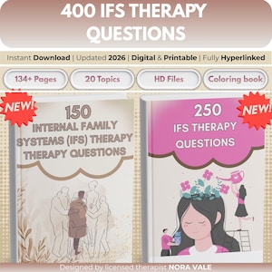 May include: Two books are displayed, titled "400 IFS Therapy Questions." The first book is "150 Internal Family Systems (IFS) Therapy Therapy Questions." The second book is "250 IFS Therapy Questions." The books are digital and printable, with over 134 pages and 20 topics.