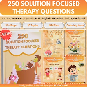 Könnte beinhalten: Ein digitales und druckbares Arbeitsbuch mit dem Titel "250 Lösungsorientierte Therapiefragen". Das Cover zeigt den Titel in Orange und den Text "NEW!" in einem roten Stern. Das Arbeitsbuch enthält 57+ Seiten, 10 Themen und HD-Dateien.