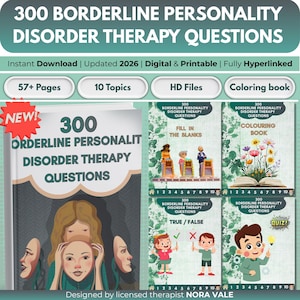 May include: A digital and printable resource for therapy, titled "300 Borderline Personality Disorder Therapy Questions." The cover shows a woman holding masks. Includes 57+ pages, 10 topics, HD files, and a colouring book. Designed by licensed therapist Nora Vale.