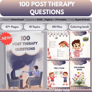 May include: Digital printable with the title "100 Post Therapy Questions". The cover features an illustration of a person being watered by another. Includes "47+ Pages", "10 Topics", and "Coloring book" options.