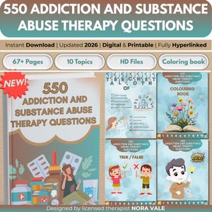 以下が含まれることがあります： 「550 Addiction and Substance Abuse Therapy Questions」というタイトルのデジタルダウンロード。画像には、本の表紙、塗り絵、真偽問題とクイズのページが含まれています。「Instant Download」のテキストが含まれています。