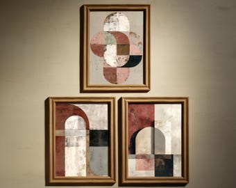 Geometric Arch Triptych: Terracotta Mid Century Modern Art (Digital Download)