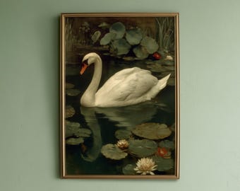 Moody Swan Art Print – Dark Academia Vintage Decor – European Oil Painting Style (Digital Download)
