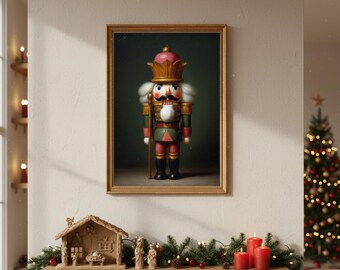 May include: A framed print of a traditional Christmas nutcracker soldier. The nutcracker is dressed in a red, green, and gold uniform, with a pink crown and white hair. The print is in a gold frame, and the background is a dark green.