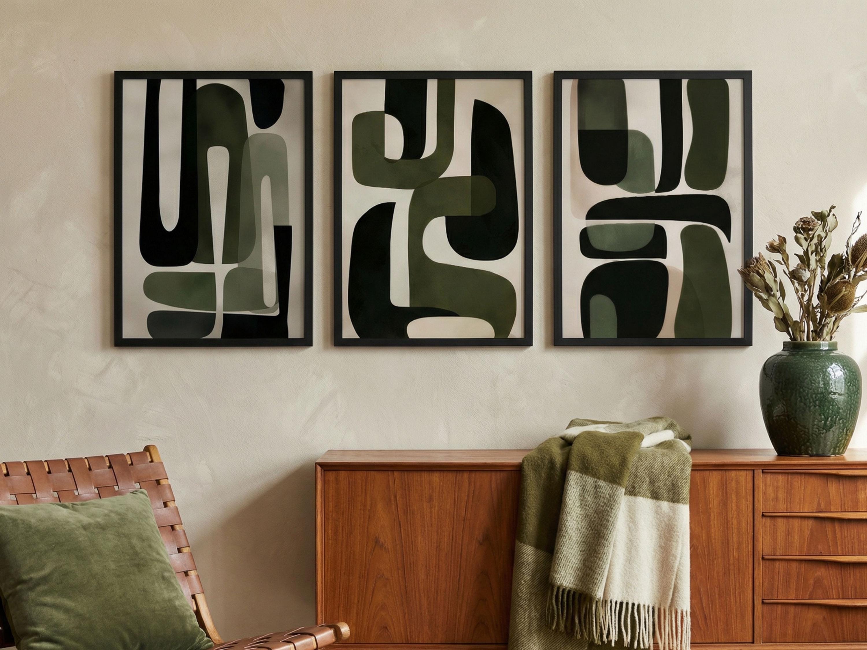 Olive Green Abstract Print Set, Japandi Geometric Wall Art (digital ...