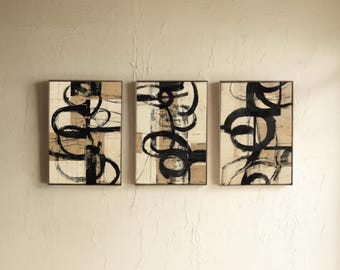 Japandi Wabi-Sabi Art Prints: Set of 3 Abstract Brush Strokes, Beige Neutral (Digital Download)