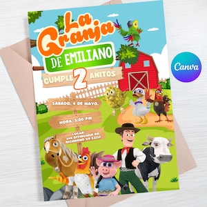 Puede incluir: Una colorida invitación con el texto "La Granja de Emiliano" y "Cumple 2 Años". El diseño presenta animales de granja de dibujos animados, un granero rojo y un loro. La invitación incluye la fecha, hora y lugar.