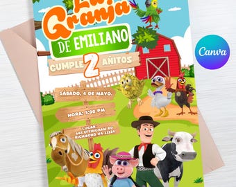 May include: A colorful invitation with the text "La Granja de Emiliano" and "Cumple 2 Años". The design features cartoon farm animals, a red barn, and a parrot. The invitation includes the date, time, and location.