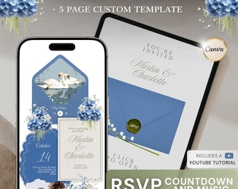 May include: A digital wedding website template displayed on a smartphone and tablet. The design features blue floral accents, swan illustrations, and wedding invitation details. Text includes "Wedding Website" and "RSVP".
