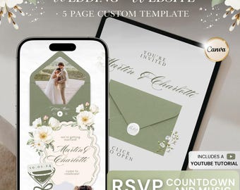May include: A digital wedding website template displayed on a smartphone and tablet. The design features a green envelope with a photo of a couple, floral accents, and the names "Martin & Charlotte." Text includes "RSVP Countdown and Music."