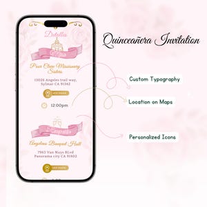 May include: A digital invitation for a Quincea&ntilde;era, displayed on a smartphone. The design features custom typography, personalized icons, and location details. The invitation includes the text "Detalles", "Misa", "Poor Clare Missionary Sisters", and "Angeleno Banquet Hall".