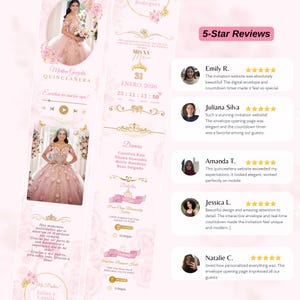 May include: A digital quincea&ntilde;era invitation with a pink floral design. The invitation includes the date, time, and names of the honoree and guests. It also features a photo of the quincea&ntilde;era and 5-star reviews.