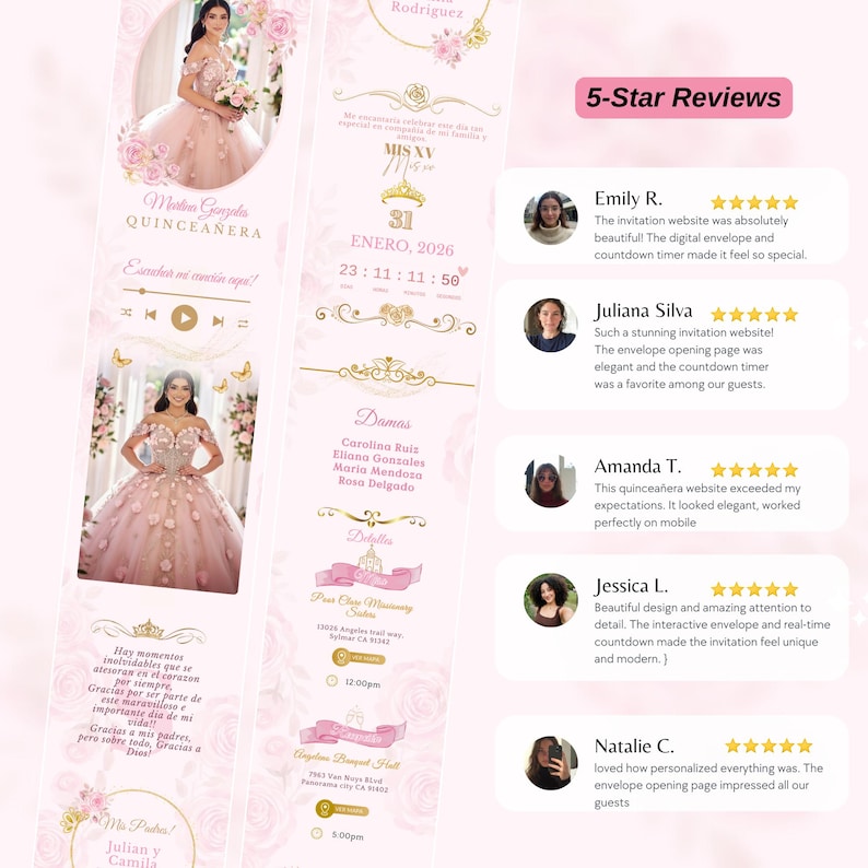 May include: A digital quincea&ntilde;era invitation with a pink floral design. The invitation includes the date, time, and names of the honoree and guests. It also features a photo of the quincea&ntilde;era and 5-star reviews.