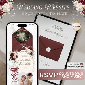 Puede incluir: Una plantilla de sitio web de boda digital que se muestra en un teléfono inteligente y una tableta. El diseño presenta arreglos florales burdeos y blancos, una invitación con los nombres "Martin & Charlotte" y el texto "RSVP Countdown and Music".