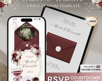 May include: A digital wedding website template displayed on a smartphone and tablet. The design features burgundy and white floral arrangements, an invitation with the names "Martin & Charlotte", and the text "RSVP Countdown and Music".
