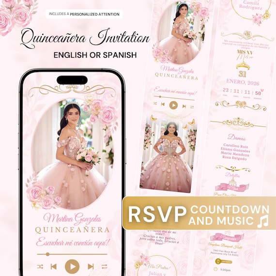 Custom Quinceañera Website Invitation | Personalized Digital Invite with Interactive Envelope & Countdown | RSVP Quinceañera music quince