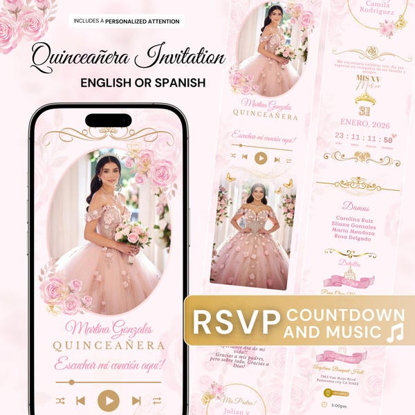 Individuelle Quinceañera-Einladung per Website | Personalisierte digitale Einladung mit interaktivem Umschlag und Countdown | RSVP Quinceañera-Musik