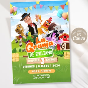 Puede incluir: Una colorida invitación con animales de granja de dibujos animados y un granjero. El texto dice "La Granja de Emiliano" e incluye detalles para una fiesta de cumpleaños: fecha, hora y dirección. El diseño presenta un caballo, una gallina, una vaca y otros elementos de la granja.