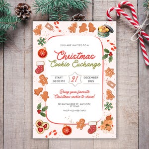 May include: A Christmas Cookie Exchange invitation on a wooden background. The invitation features a light pink background with cookie illustrations and text that reads "Christmas Cookie Exchange" and the date December 21, 2025.