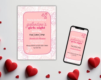 Pink Rose Galentine's Day Invitation | Girls Night, Editable (Printable Digital Download)