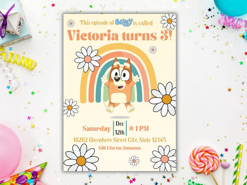 May include: A birthday invitation featuring a cartoon dog character, a rainbow, and daisies. The text reads "Victoria turns 3!" with the date and time of the party. The invitation is on a cream background with decorative elements.