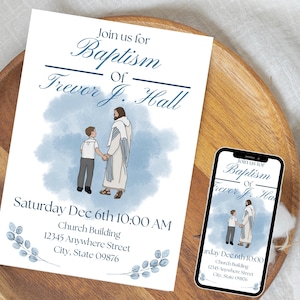 May include: Baptism invitation featuring an illustration of two figures holding hands, with the text "Join us for Baptism of Trevor J. Hall." The invitation is on a white background with blue accents and a wooden tray.