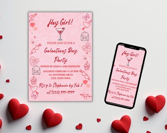 Pink Galentine's Day Party Invitation | Doodle Border (Editable Invite)