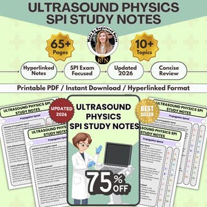 Könnte beinhalten: Digitaler Download von Ultraschallphysik-SPI-Studiennotizen. Das Bild zeigt "Ultrasound Physics SPI Study Notes", "Updated 2026" und "75% Off". Enthält über 65 Seiten, 10+ Themen und ist auf die SPI-Prüfung ausgerichtet.