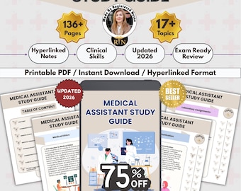 May include: A digital study guide for medical assistants, featuring the title "Medical Assistant Study Guide." The image includes a tablet displaying the guide, along with icons indicating 136+ pages, 17+ topics, and updated content for 2026. The guide is available as a printable PDF.