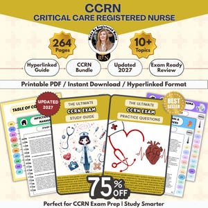 Puede incluir: Un paquete de estudio digital CCRN Critical Care Registered Nurse de 264 páginas, 10+ temas y una revisión actualizada para el examen 2027. El PDF imprimible incluye una guía de estudio con hipervínculos y preguntas con ilustraciones.