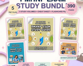 May include: A PMHNP exam study bundle containing 5 PDF files and 390 pages. The set includes three study volumes, a cheat sheet, and a flashcard PDF. Each cover features the text PMHNP EXAM STUDY GUIDE, HYPERLINKED UPDATED 2026, and WITH QUIZ, MCQ'S TRUE/FALSE, F & B.